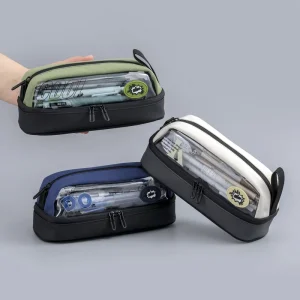 Large Capacity Canvas Pencil Case Clear Window Zipper Pen Pouch Durable Stationery Bag for School Students Office Daily Use