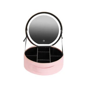 Large Capacity Custom Brand Portable Cosmetic Bag LED Mirror Personalized Light Skin Care Storage Makeup Mirror Pink Black PU