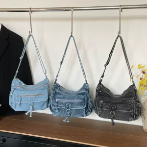 Large Capacity Denim Bag with Multiple Compartments Fashionable and Versatile Shoulder Bag Simple and Casual Crossbody Bag