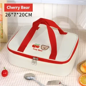Large Capacity Insulated Lunch Bag Cute Bear Print Waterproof Thermal Design Zipper Flap for Work School Picnic Food Storage