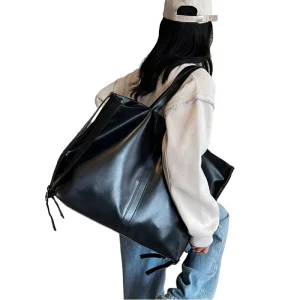 Large Capacity PU Zipper Portable Tote Bag Polyester Casual Commuting Shoulder Bag