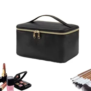 Large Capacity Portable Black Makeup Case with Handle Divider Women’s Travel Cosmetic Organizer and Toiletry Bag for Girls
