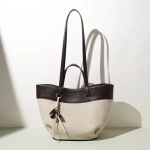 Large Capacity Shopping Basket Casual Linen Shoulder Bag Top Grain Leather Splicing Magnetic