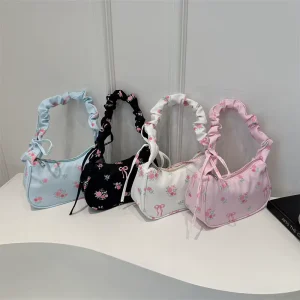 Large Capacity Single Shoulder Bag Autumn Pleated Floral Underarm New Niche Design Sweet Drawstring Commuting