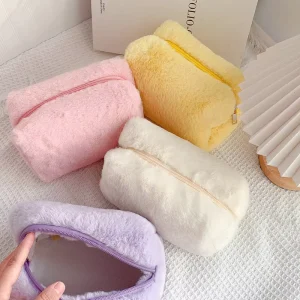 Large Capacity Soft Plush Cosmetic Bag for Women Portable Travel Storage Lipstick Pouch Zipper Candy Color Fashionable Makeup