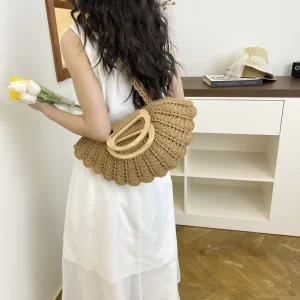Large Capacity Summer Two Strap Fashion Beach Travel Hollow Woven Zipper Tote Shoulder Bags