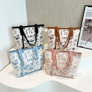 Large Capacity Two Straps Zipper Underarm Bag Cute Cartoon Printed Shoulder Bag Sweet Literary Fan Tote