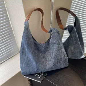 Large Capacity Women’s New Canvas Denim Tote Bag Polyester Magnetic Clasp Underarm Single Shoulder College