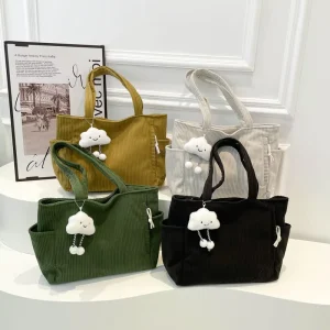 Large Capacity Women’s Tote Handbags Simple Corduroy Ladies Shoulder Bags Versatile Female Travel Crossbody Bag With Pendant