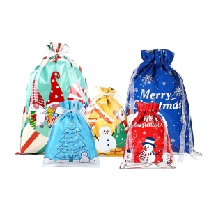 Large Christmas Drawstring Gift Bags Foil Wrapping Sacks for Xmas Gifts Party Favors Holiday Decoration
