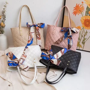 Large capacity PU Leather Embroidered Rhombus Tote Bag Lady Shoulder Bucket Handbag with Silk Scarf
