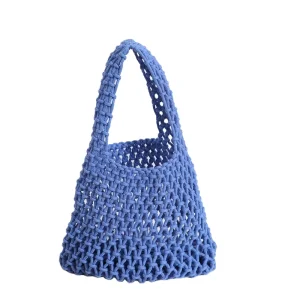 Light Blue Crochet Mesh Tote Bag Handmade Knit Net Handbag for Beach Vacation Knit Mesh Shoulder Bag