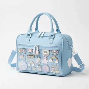 Light Blue Kawaii Ita Bag PU Leather Shoulder Bag with Clear Front Pocket for Pins for Daily and Comic Con
