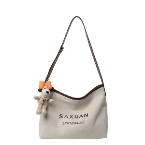 Light Canvas Ladies Shoulder Bag Letter Print Single Adjustable Strap Zip
