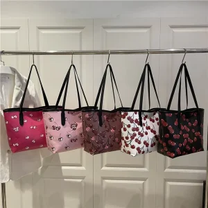 Light Luxury PU Tote Bag Cartoon Printed Cherry Zipper Closure Summer Large Capacity Shoulder Bag
