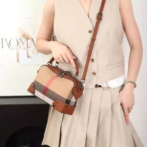 Linen Cowhide Fashion Plaid Leather Stitching Messenger Bag Shoulder Crossbody Handbags Boston Style Mini Bag