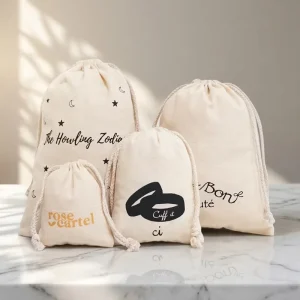 Little Cloth Pouches Customized Size Natural Color Drawstring Pouch with Printing Method logo Dust Drawstring Bag