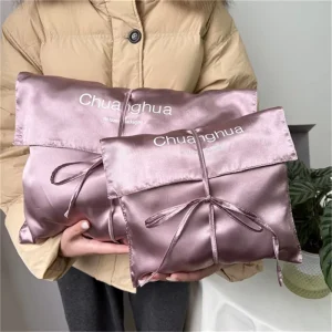 Logo Printed Pink Satin Envelope Hair Bundle Extension Cosmetic Storage Bag Luxury Silk Gift Wig Packing Dust Satin Pouch