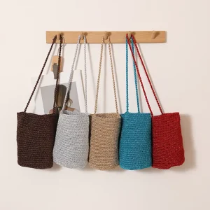 Long Strap Metallic Yarn Bucket Bag Shiny Thread Straw Crossbody Summer Beach Purse