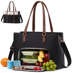 Lunch Bag with Insulated Lunch Compartment for Women PU Leather 15.6 17 Inch Work Office Laptop Tote Bag for Business