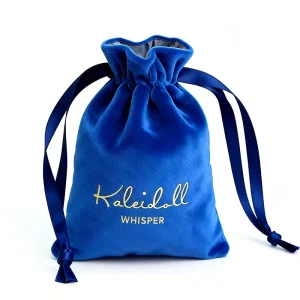 Luxury Blue Velvet Reusable Portable Eco Friendly Water Resistant Fashion Drawstring Pouch Custom Logo Makeup Dust Bag Jewelry