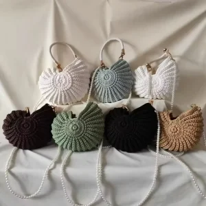 Luxury Crochet Bag Handmade Women Seaside Conch Shell Messenger Shoulder Bag Exquisite Pearl Chain Fashion Handbags