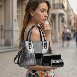 Luxury Designer Women’s Handbags and Wallet Set PU Leather Shoulder Bags with Nylon Zipper Closure