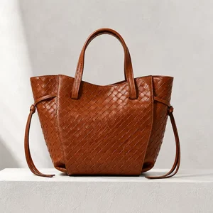 Luxury Pure Genuine Braided PU Leather Handbag New Design Woman’s Shoulder Bag Two Open China Handmade Woven Bags