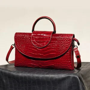 Luxury Red Crocodile Pattern Genuine Leather Handbag Top Handle Crossbody Bag with Detachable Strap for Women