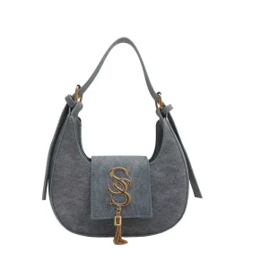 Luxury Style Women’s Half Moon Shoulder Bag PU Leather Underarm Hobo Handbags with Gold Logo Clasp and Zipper Pendant