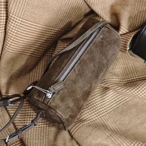 Luxury Suede Genuine Leather Cylindrical Crossbody Bag Compact Stylish Coffee Sling Bag for Women