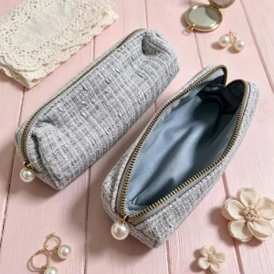 Luxury Tweed Makeup Bag with Pearl Puller Lining Mini Cosmetic Pouch Portable Travel Toiletry Bag Stationery Pen Case