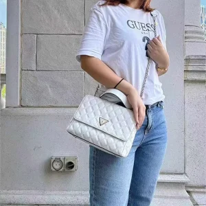 Luxury White PU Leather Lady’s Double-Layer Diamond Chain Handbag Portable Outdoor Shopping Letter Bag Flap Stripe
