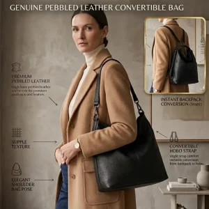 Luxury Women’s Genuine Leather Bag Convertible Backpack Shoulder Crossbody Pebbled Full Grain Leather Hobo Bag for Travel Work