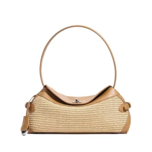 Luxury Woven Straw Shoulder Bag Genuine Split Leather Patchwork Crossbody Bags Vintage Summer Beach Handbags for Women