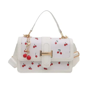 MXM Fashion Pu Handbag Cherry Printed Women Summer Trendy Niche Crossbody Bag Stylish Versatile Small Single Zipper Chains