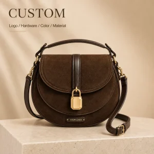 Manufacturer Custom Logo Gold Lock Flap Shoulder Bag Genuine Leather Dark Brown Suede Saddle Crossbody Bag for Daily Carry