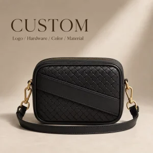 Manufacturer Custom Logo Woven Vegan Leather Zipper Adjustable Strap Camera Crossbody Bag for Travel with Gold Hardware