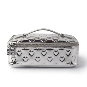 Medium Silver Metallic Heart Design Chic Spacious Waterproof Daily Use Cosmetic Bag Makeup Organizer Toiletry Bag Makeup Pouch
