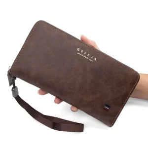 Men’s PU Leather Long Wallet, Large Capacity Waterproof Multi-card Coin Wallet with Zipper, Polyester