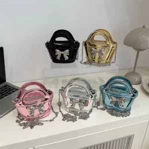 Mini Shiny Bow Decor Handbag for Girls Small Crossbody Purse with Chain Strap Fashion Cute Shoulder Bag