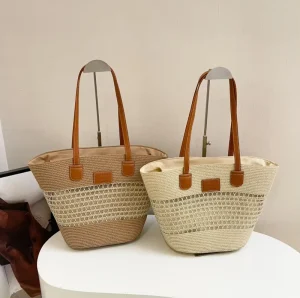 Minimalist Hollow Out Hexagon Mesh Woven Tote Bag with PU Handle, Large Capacity Straw Beach Bag for Summer Vacation