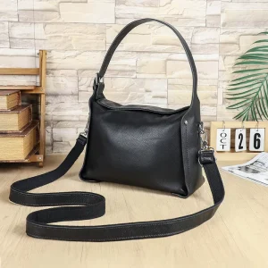 Minimalist Tumbled Cowhide Leather Shoulder Bag for Women With Detachable Shoulder Strap Black Crossbody Bag for Daily Commute