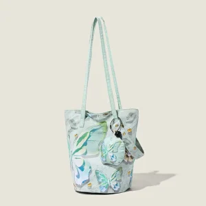 Mint Green Butterfly Print Canvas Shoulder Tote Detachable Mini Coin Pouch Secure Drawstring Shoulder Bag