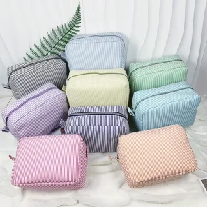 Mississippi Style Seersucker Travel Organizer Indian Striped Toiletry Bag Trendy Cosmetic Makeup Pouch For Weekend Getaway