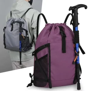Multi Color Lightweight Drawstring Cinch Backpack With Basketball Storage Trekking Pole Loop Water Repellent Oxford Sack Pack