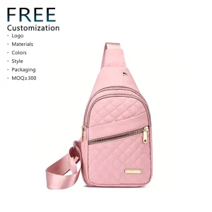 Multi Pocket Nylon Sling Bag for Women Quilted Crossbody Chest Bag with Headphone Hole Light Pink Travel Shoulder Bag