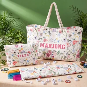 Multifunctional 3 in 1 Mahjong Organizer Bag Beige Printed Handheld Cosmetic Tote for American Mahjong Tiles Storage