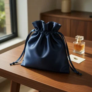 Navy Blue Satin Lingerie Drawstring Pouch Polyester Fabric Custom Logo for Bra and Underwear Storage