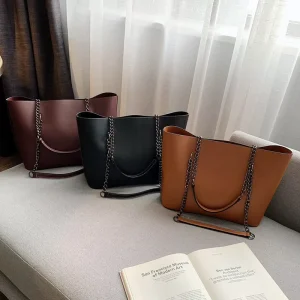 New Arrival Lady Chains Tote Bag PU Solid Color Stylish Shoulder Bag Handbag Large Capacity for Women Sac